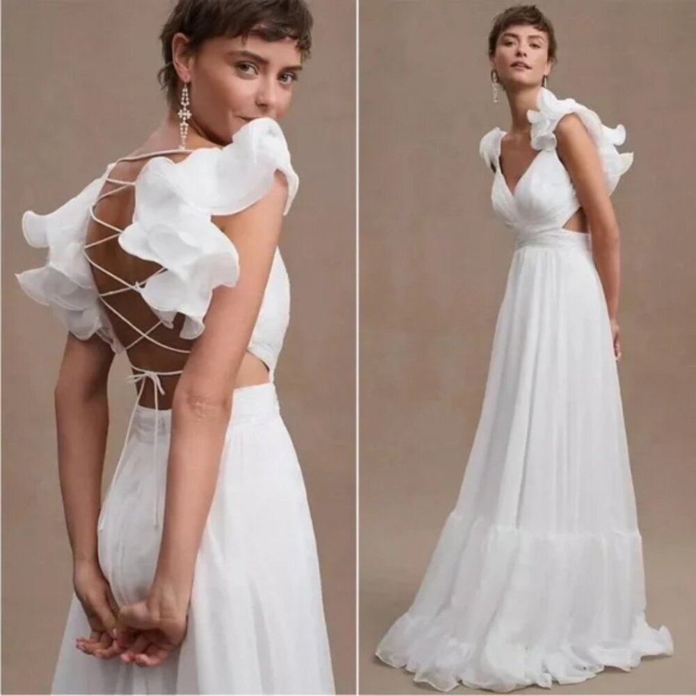 Mac Duggal 67911 Size 4 White Indy Ruffle Tiered Cut-Out Chiffon Gown Maxi Dress